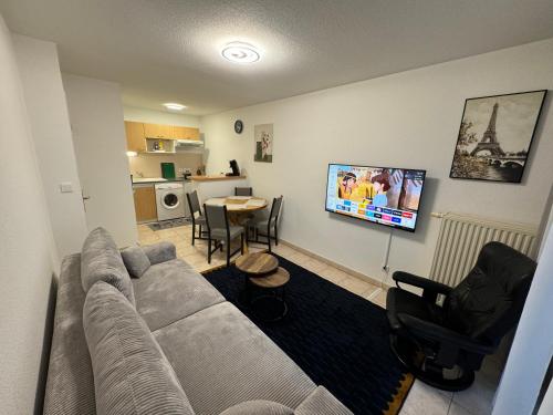 un salon avec un canapé et une télévision dans l'établissement Appartement calme avec balcon, à 4km du centre, Parking, WI-FI, Netflix gratuit, à Strasbourg