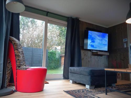 a living room with a tv and a couch and a chair at Chalet Buizerd in Koudhoorn #omgeven door bos# tussen Garderen en Putten in Putten