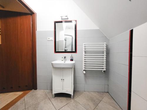 ピシュにあるPensjonat Li-Marのバスルーム(白い洗面台、鏡付)