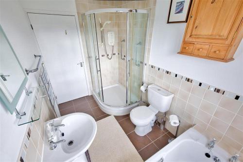 een badkamer met een toilet, een douche en een wastafel bij 3 Bed in Narberth FB138 in Narberth