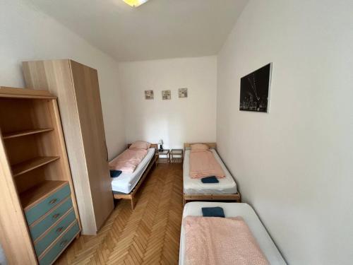 Cette chambre comprend 3 lits et un placard. dans l'établissement Apartment Vlhka, à Brno