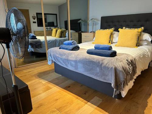 a bedroom with a bed with blue pillows and a mirror at The Nest, lovely apartment in Holt