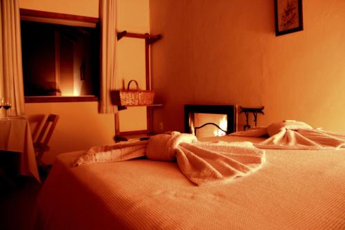 a bedroom with two beds and a fireplace at Pousada Gaya in Carrancas