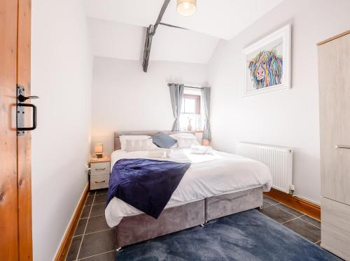 a bedroom with a bed and a blue rug at 1 bed in Brynteg 87362 in Llanwenog