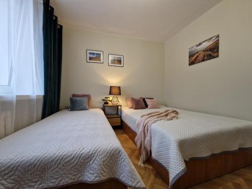 1 dormitorio con 2 camas y ventana en Apartament na Błoniach, en Sanok