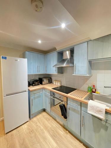 a kitchen with blue cabinets and a white refrigerator at Relaxing double rooms in a beautiful house in Ipswich