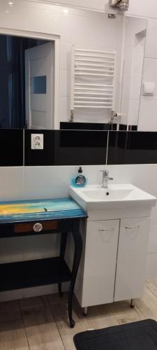 a bathroom with a sink and a mirror at Zielona Przystań in Łódź