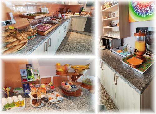 three pictures of a kitchen with food on the counter at Gästehaus ERIKA in Pörtschach am Wörthersee