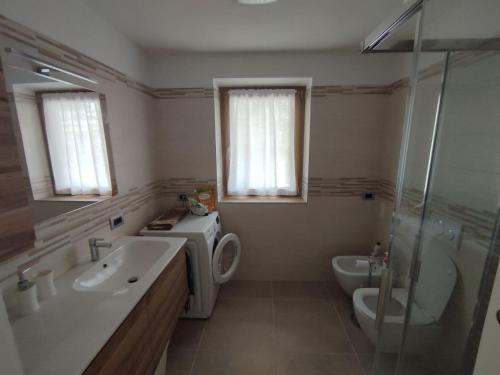a bathroom with a sink and a toilet and a shower at Nuovo Appartamento con Giardino in Folgaria