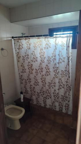 a bathroom with a shower curtain with a toilet at Charly's House in Mar del Plata