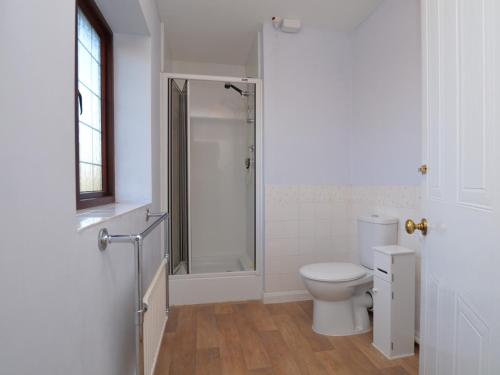 a white bathroom with a shower and a toilet at 4 Bed in Sherborne OOMEO in Chetnole