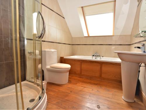 ein Bad mit einem WC, einem Waschbecken und einer Dusche in der Unterkunft 4 Bed in Kidwelly CWRTY in Kidwelly
