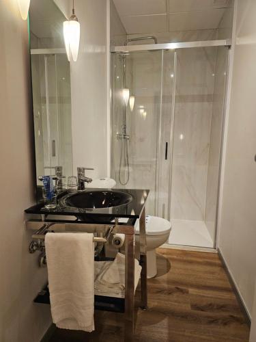 a bathroom with a sink and a toilet and a shower at Hotel Villasegura in Molina de Segura