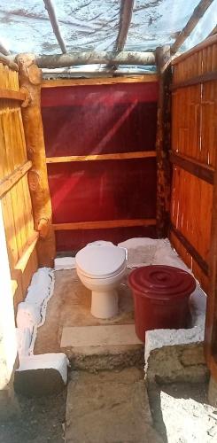 La salle de bains est pourvue de toilettes et d'un mur rouge. dans l'établissement Eastdee Camping Ground, à Lidlidda