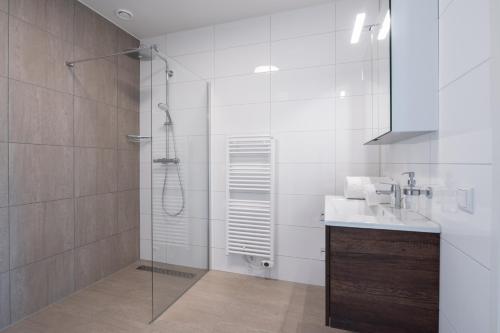 een badkamer met een douche en een wastafel bij Veerse Wende in Arnemuiden