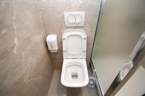 a bathroom with a toilet with the olympics on the wall at Apartmani Sebastijan in Banja Luka