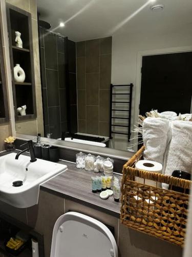 een badkamer met een wastafel, een toilet en een spiegel bij Home away from home in Birmingham
