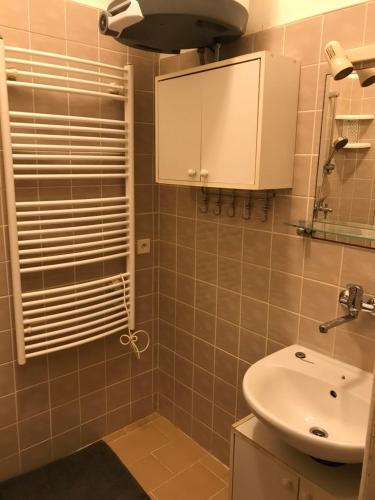 ein Bad mit einem Waschbecken, einem WC und einem Schrank in der Unterkunft Apartmán u kostela in Turnov