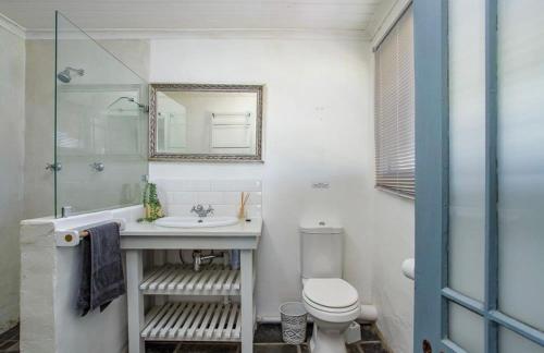 a white bathroom with a sink and a toilet at Littlevlei Selfcatering in Wellington