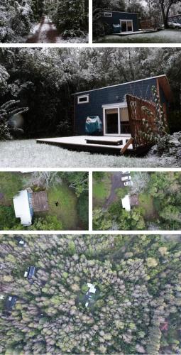 a group of four pictures of a house with flowers at Loft Bosque Pucon in Pucón