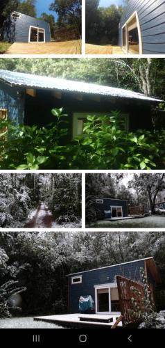 un collage de cuatro fotos de una casa en Loft Bosque Pucon, en Pucón