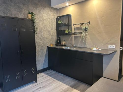 a bathroom with black cabinets and a sink at City Stay Juliette in Enschede