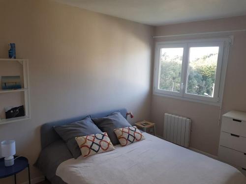 een slaapkamer met een bed met 2 kussens en een raam bij Appartement cosy et rénové in Le Pouliguen