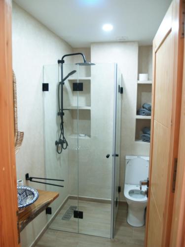a bathroom with a glass shower with a toilet at Dar Makai Surf Hotel in Tamraght Ouzdar
