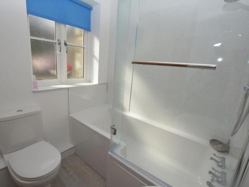 a white bathroom with a toilet and a window at 2 Bed in Fairbourne 43105 in Arthog