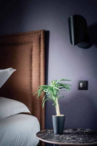 a potted plant sitting on a table next to a bed at La villa 10 HÔTEL SPA in Étretat