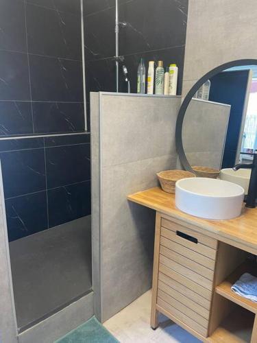 une salle de bain avec une douche, un lavabo et un miroir dans l'établissement Maison 2 chambres tout équipée, à Vitry-en-Artois
