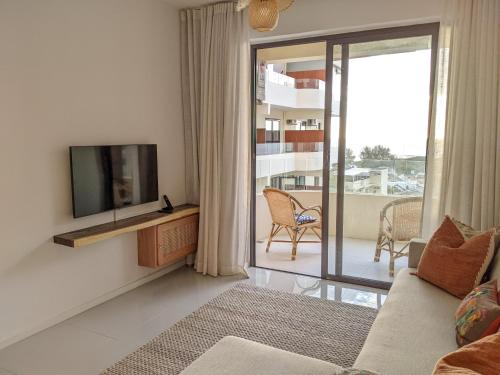 弗利康弗拉克的住宿－Seaview serenity apartment，带沙发和电视的客厅以及阳台。