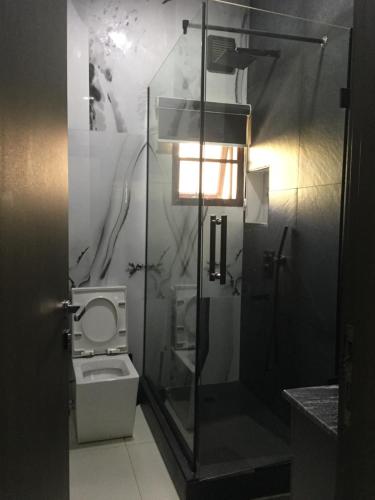 a bathroom with a glass shower with a toilet at Eureka Luxury Apartment in Gwarinpa