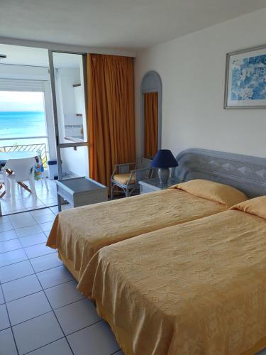 a hotel room with a bed and a view of the ocean at La belle vue mer du yucca. in Le Gosier