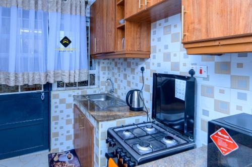 Jalde Heights, Limuru Road, 178, Nairobi City, Nairobi, Kenya في نيروبي: مطبخ صغير مع موقد ومغسلة