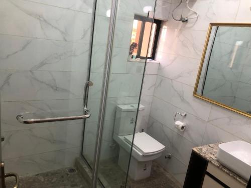 a bathroom with a shower and a toilet and a mirror at Roban Hotels Limited in Enugu