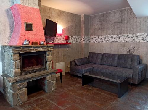 a living room with a couch and a fireplace at Apartaments Gory in Niedzica Zamek