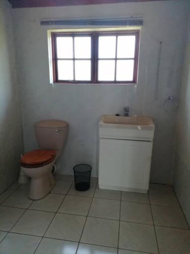 a bathroom with a toilet and a sink and a window at Traveller's dream in Graskop