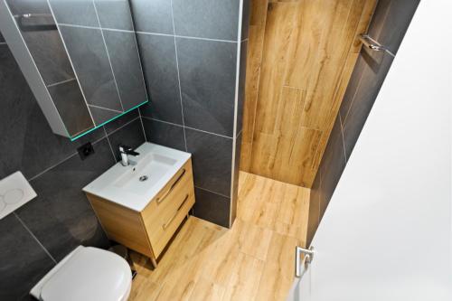 a bathroom with a white toilet and a sink at Appartement rénové avec sauna privé in Saas-Fee