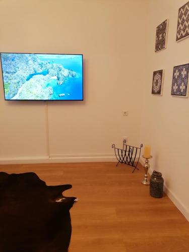a living room with a flat screen tv on a wall at Stilvolle Wohnung an der Alten Mainbrücke in Würzburg