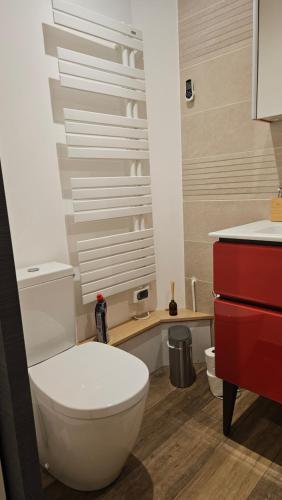 La salle de bains est pourvue de toilettes blanches et d'une armoire rouge. dans l'établissement Duplex élégant Tours quais de Loire, à Tours