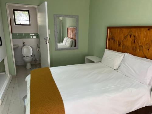 una camera con letto e un bagno con servizi igienici di Falaza Lodge Jozini 