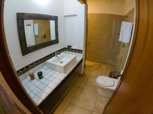 La salle de bains est pourvue d'un lavabo, de toilettes et d'un miroir. dans l'établissement La Cañada, à Guanajuato