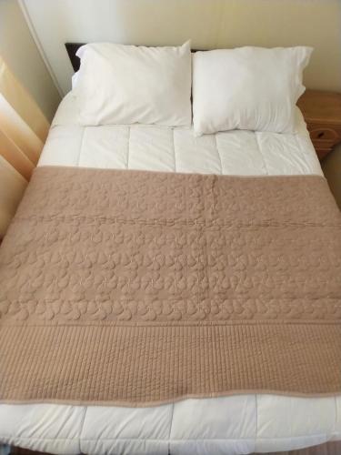 1 cama con manta marrón y 2 almohadas en Cabaña Valle Hermoso, en Bahía Murta