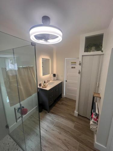 a bathroom with a shower and a sink and a mirror at Carlton Guest house in Fort Lauderdale