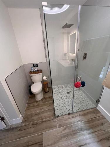 a bathroom with a shower and a toilet at Carlton Guest house in Fort Lauderdale