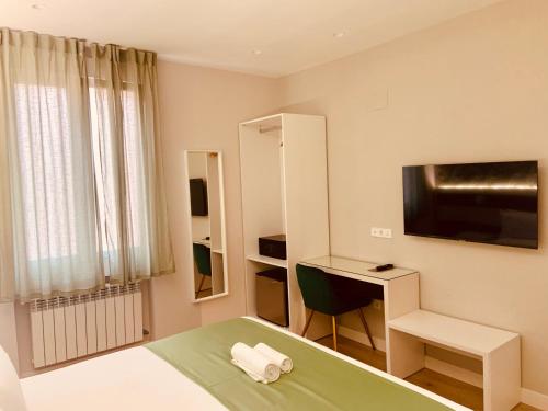 Habitación con cama, escritorio y TV. en Hostal Abadia Madrid en Madrid