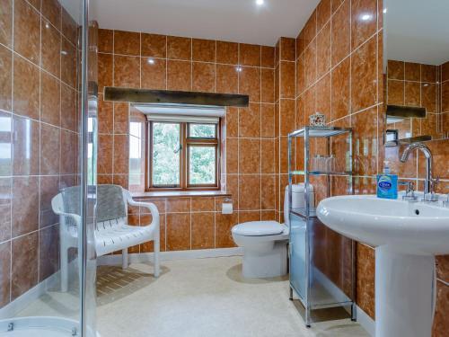 a bathroom with a toilet and a sink and a shower at 5 Bed in Bampton GRACI in Oakford