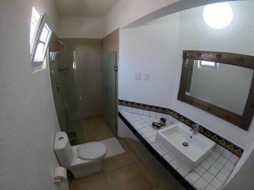 a bathroom with a toilet and a sink and a shower at La Cañada in Guanajuato