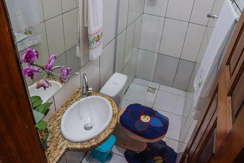 a small bathroom with a sink and a toilet at Aconchegante e lindo Apartamento da Graça perto do aeroporto e melhor churrascaria in Porto Seguro